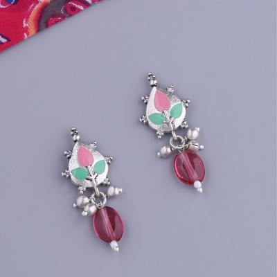 Silver-Plated & Red Leaf Shaped Drop Earrings